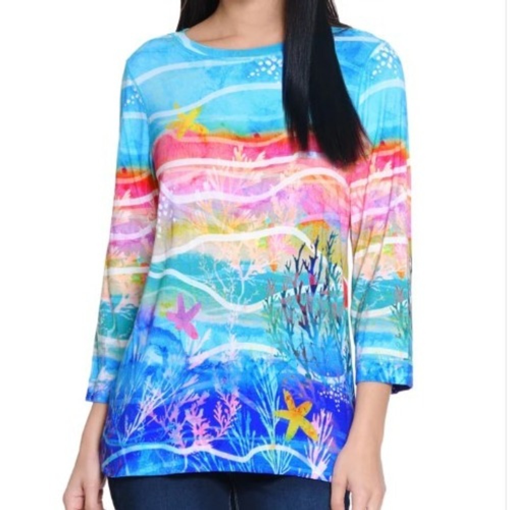 Ali Miles Womens 2X Under The Sea Print Knit Popover Tunic NWT